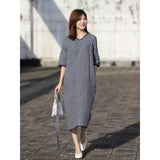summer new yarn-dyed plaid medium and long casual temperament v-neck lace-up slim five-quarter-sleeved dress, women