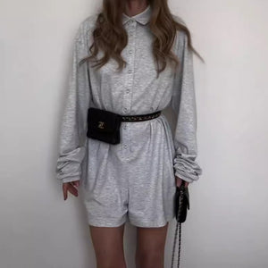 GOOSUDU 2025 women's clothing POLO collar single-breasted long-sleeved loose casual and comfortable basic solid-color one-piece shorts