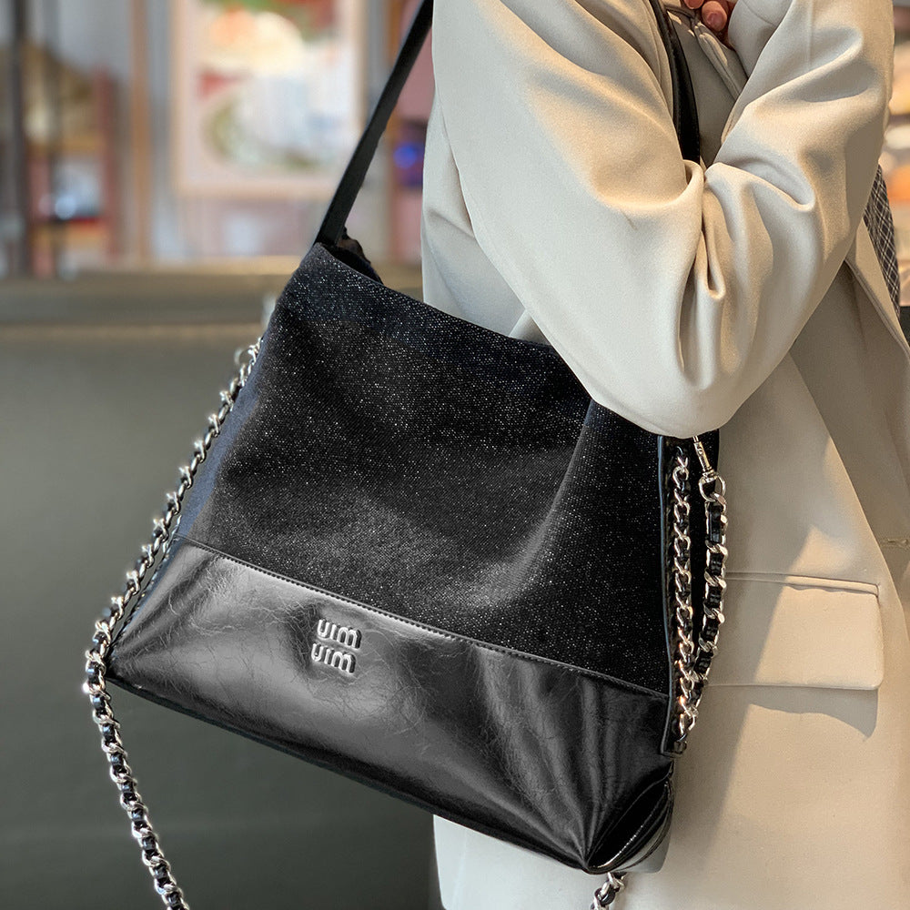 GOOSUDU 2025 New large-capacity versatile tote bag trendy premium bucket bag soft leather chain single shoulder oblique span bag