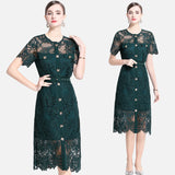 Celebrity Elegant Heavy Industry Hollow Hook Water Soluble Lace Slim Skinny Round Neck Short Sleeve Metal Button Dress Women