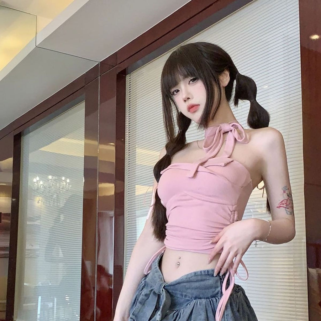 GOOSUDU 2025 TK014  summer new girl Y2K drawstring exposed navel tight pink neck versatile youth small chest wrapping woman