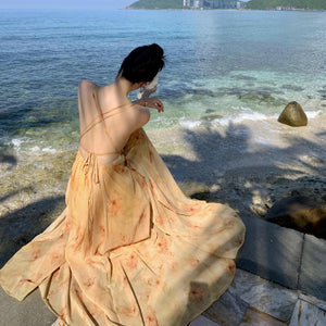 2025 Seaside vacation yellow floral suspender dress fairy summer senior sexy backless beautiful beach long skirt