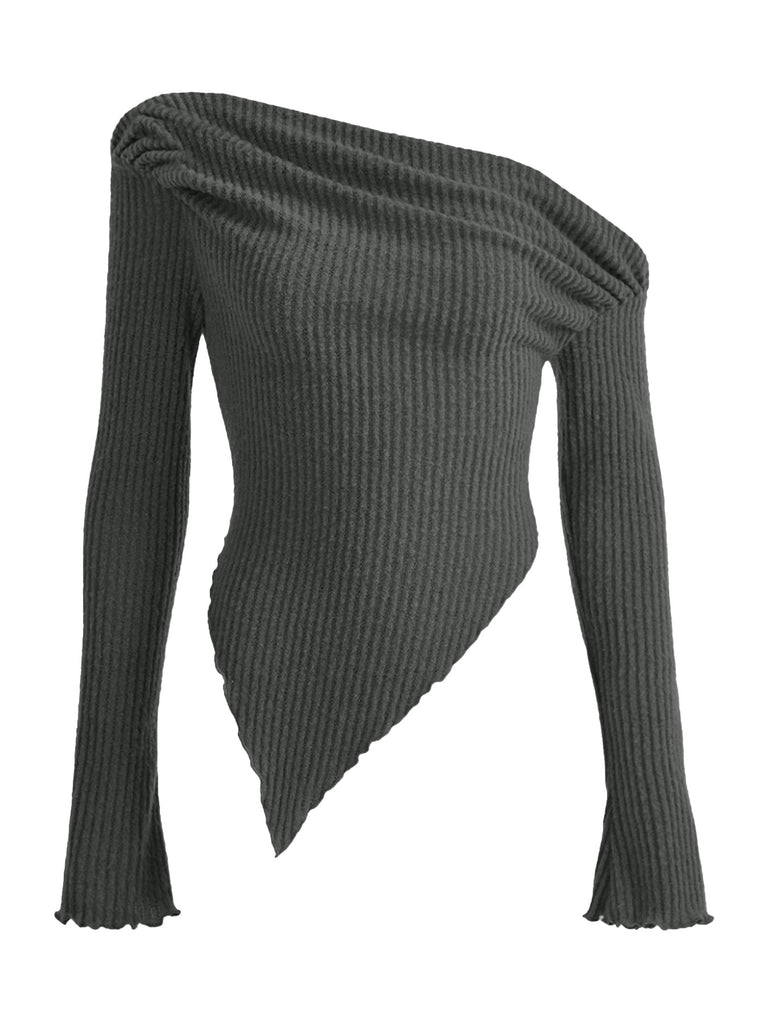 GOOSUDU 2025 AB481 sexy pullover diagonal neck texture knitted long-sleeved British style, plain off-the-shoulder design sense thin top women