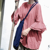Shan Qian Nianyi, simple design sand wash loose casual literary summer linen cotton lotus leaf sleeve top