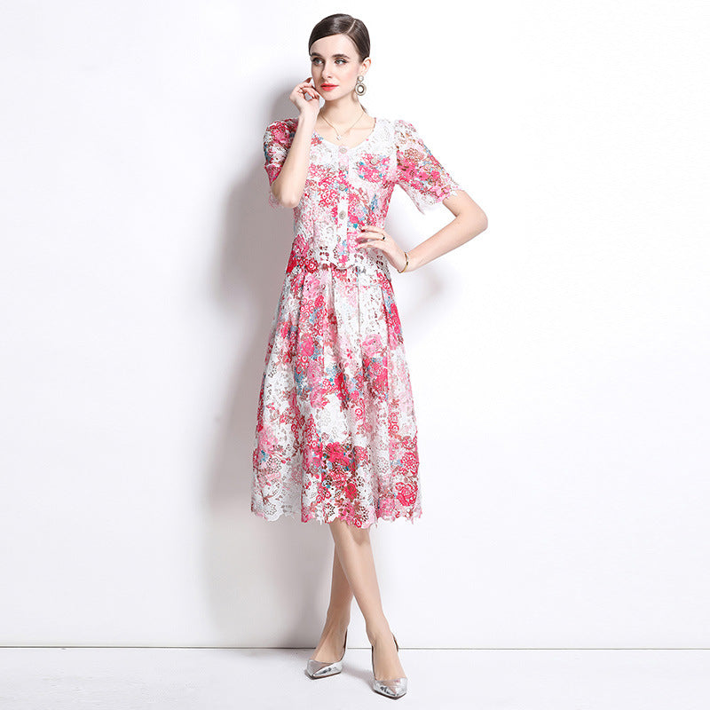 Temperament lace embroidery hollow set skirt women's  summer new round neck lace top skirt two-piece set