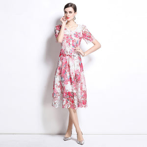 Temperament lace embroidery hollow set skirt women's  summer new round neck lace top skirt two-piece set