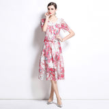 Temperament lace embroidery hollow set skirt women's  summer new round neck lace top skirt two-piece set