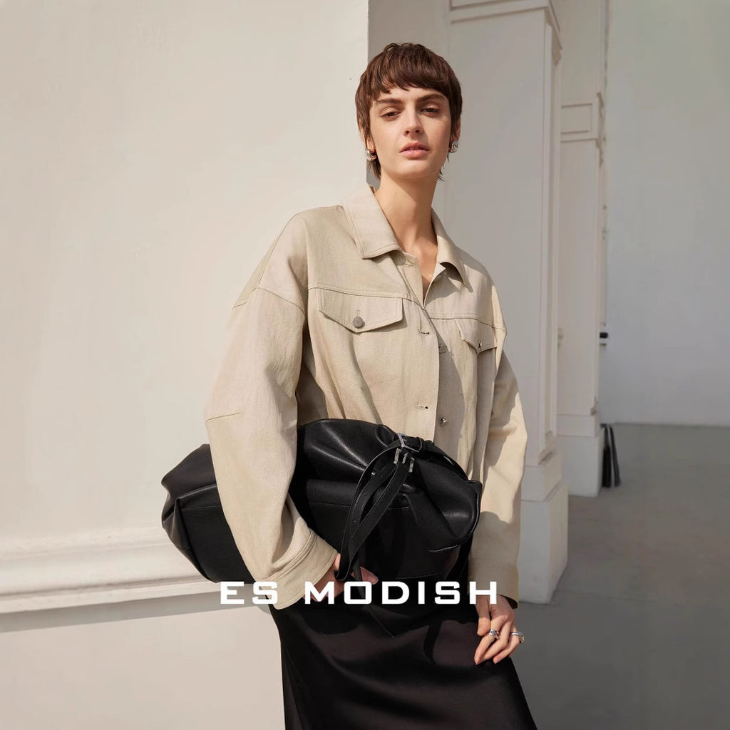 2025 ES MODISH spring new product pleated design casual tooling style versatile jacket premium Tencel short jacket women