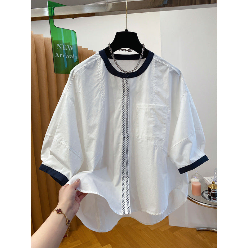 White Crew Neck Shirt Women's Short Sleeve  New Loose Commuter Cotton Five-Sleeve Medium Sleeve Doll Shirt Top Summer
