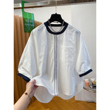 White Crew Neck Shirt Women's Short Sleeve  New Loose Commuter Cotton Five-Sleeve Medium Sleeve Doll Shirt Top Summer