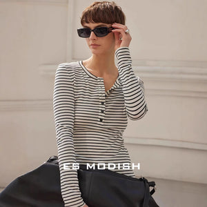 2025 ES MODISH spring new product casual and thin horizontal striped long-sleeved T-shirt button design outer wear pullover knitted sweater