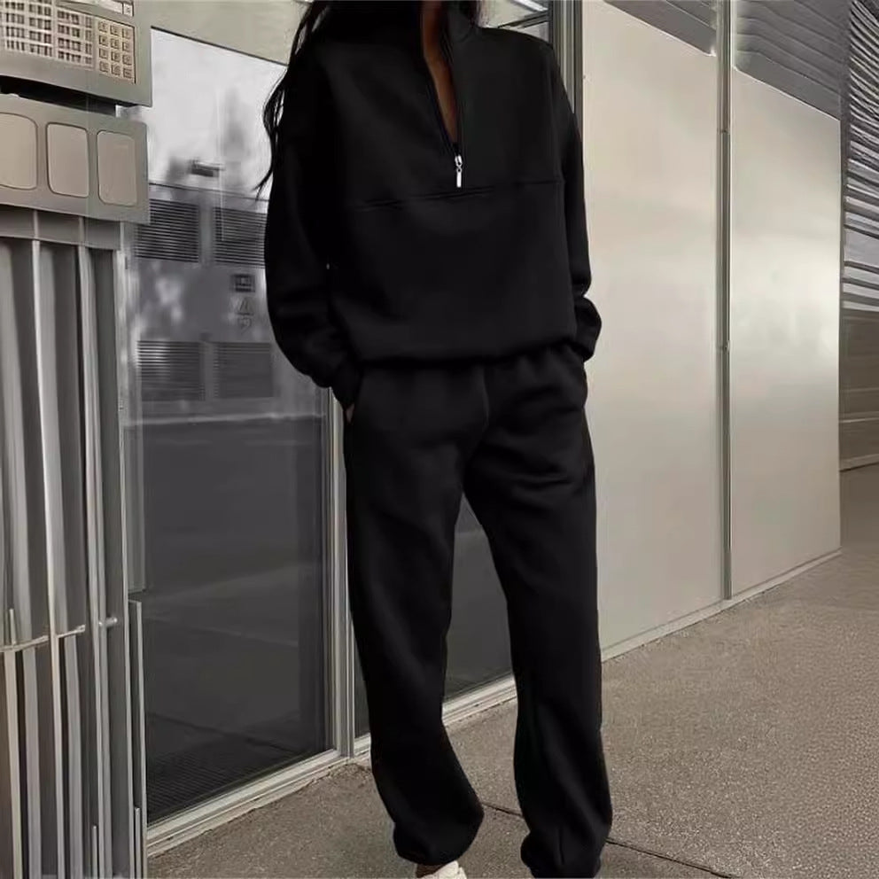 GOOSUDU New long-sleeved zipper stand-up neck sweater set women's autumn and winter new comfortable loose sports and leisure sweater two-piece set