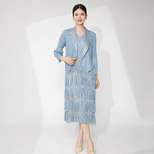 2025 Women's summer suit two-piece skirt bronzing blazer sleeveless fringed dress temperament commuter pleated suit