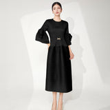 2025 dress women's summer high sense dignified intellectual cover belly thin large size horn sleeve temperament medium and long skirt