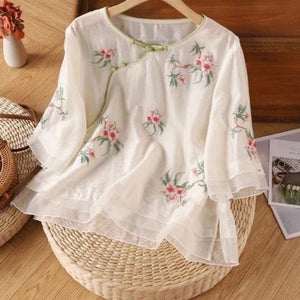 Literary retro embroidered cotton and linen shirt  summer new loose large size casual zen tea clothes shirt top