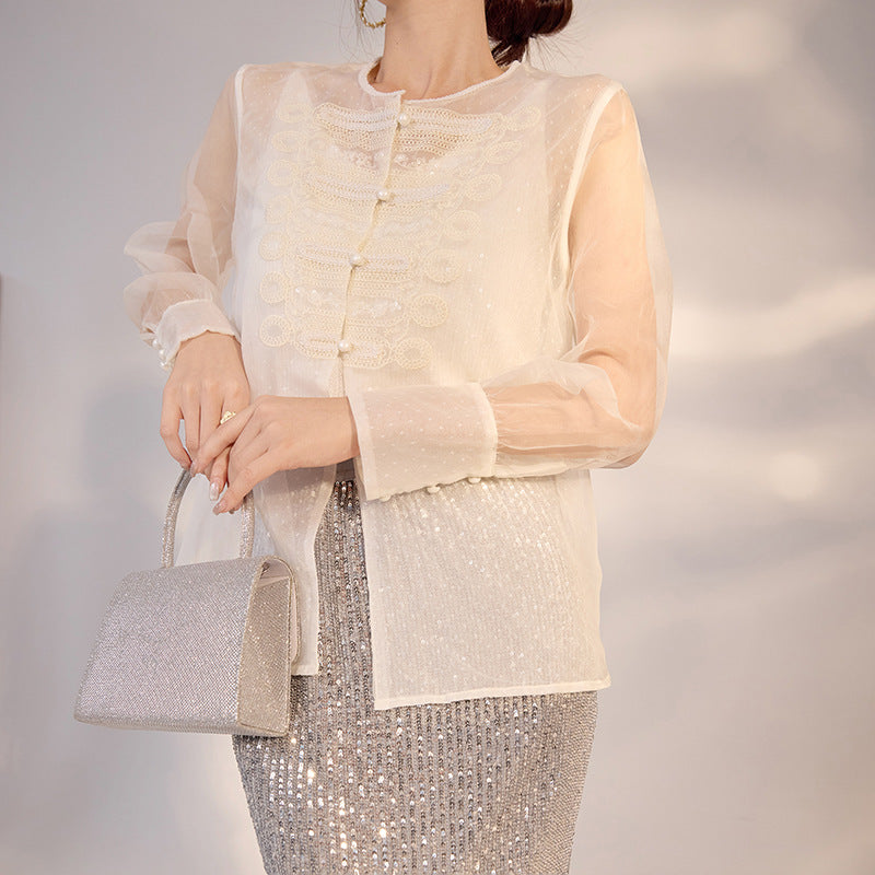 spring new Chinese style temperament suit design sense niche top sequined skirt women M3069