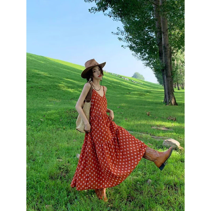 Yunnan travel photo wear women's clothing high sense dopamine desert red dress  summer new