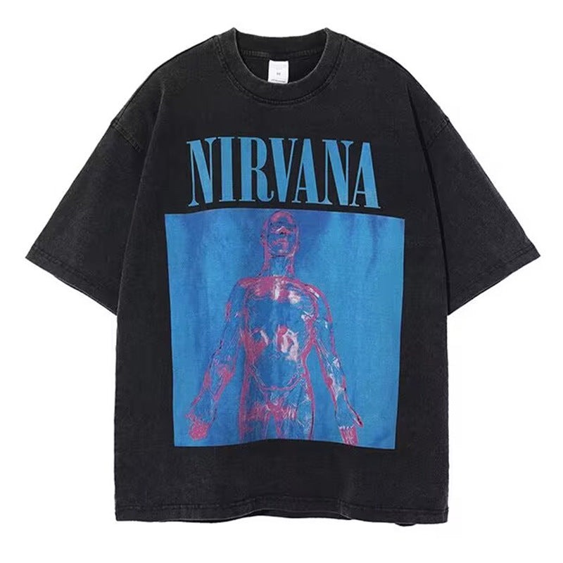 GOOSUDU Nirvana Band Rock Nirvana Cobain Cococoben Worn Looking Washed-out Vintage Batik Loose T-shirt