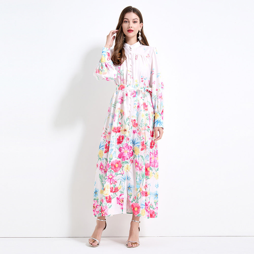 new  holiday style elegant long dress women's strap waist lantern sleeve printed pendulum dress