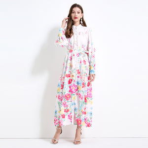 new  holiday style elegant long dress women's strap waist lantern sleeve printed pendulum dress