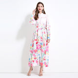 new  holiday style elegant long dress women's strap waist lantern sleeve printed pendulum dress