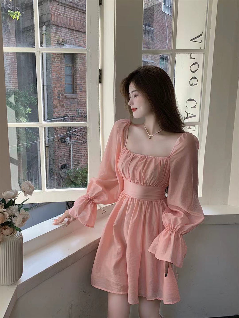 woloong  Pink Sweet Elegant Princess Dress Women Casual Korean Slim Long Sleeve Fairy Dress Female Backless Design Vintage Dress New