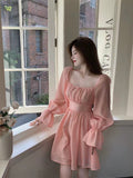 woloong  Pink Sweet Elegant Princess Dress Women Casual Korean Slim Long Sleeve Fairy Dress Female Backless Design Vintage Dress New