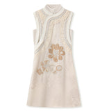 winter new Chinese light luxury stand-up collar bead embroidery sleeveless silk national style vest long dress set MY012