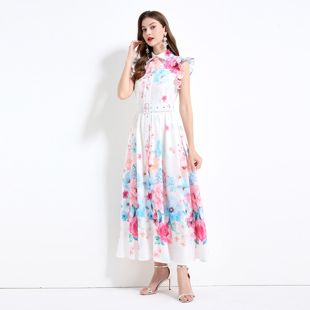 elegant women's dress  summer retro waist and thin lapel small flying sleeve printed big swing dress