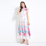 elegant women's dress  summer retro waist and thin lapel small flying sleeve printed big swing dress
