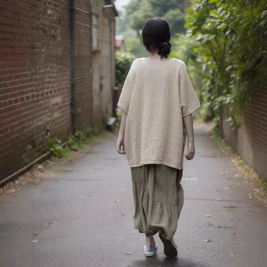 Shan Qian Nianyi, irregular and elegant medium and long skirt in summer, literary combed cotton single crepe refreshing lace-up skirt