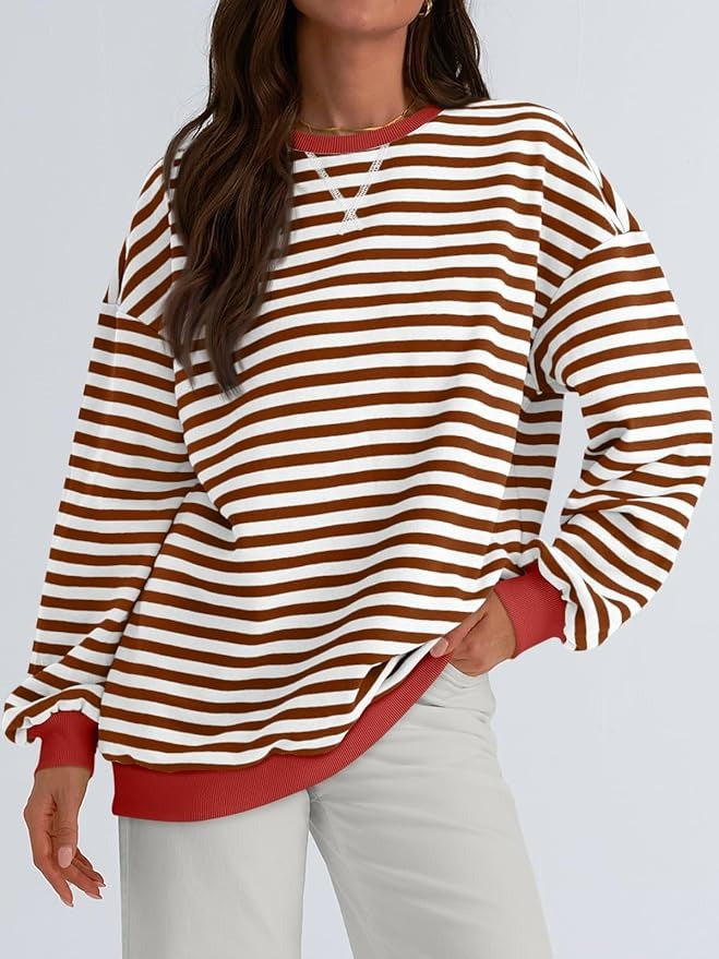 GOOSUDU New  2025 style clothing autumn and winter new round neck contrasting top striped loose long-sleeved fashion sweater