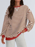 GOOSUDU New  2025 style clothing autumn and winter new round neck contrasting top striped loose long-sleeved fashion sweater