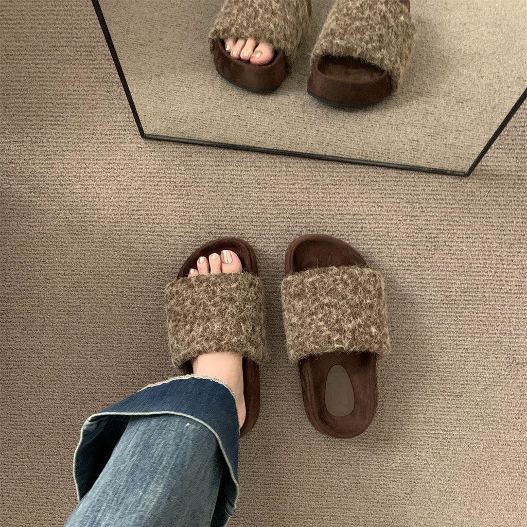 2025  Warm winter~ Mao Mao shoes women's heightened thick soles popular spring and autumn evening breeze soft soles one-word plush cotton slippers outer wear