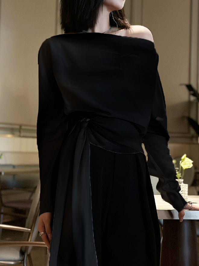 2025 Autumn new chic beautiful shirt shoulder top light mature  smudge long-sleeved t-shirt design sense niche