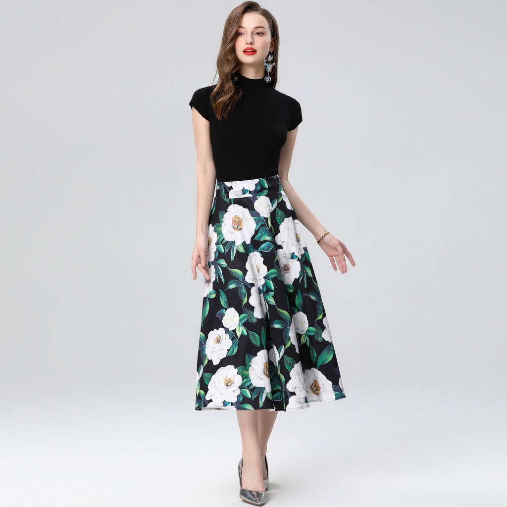 Floral skirt set Women's  early spring new wear a complete set of knitted cardigan tops two-piece set