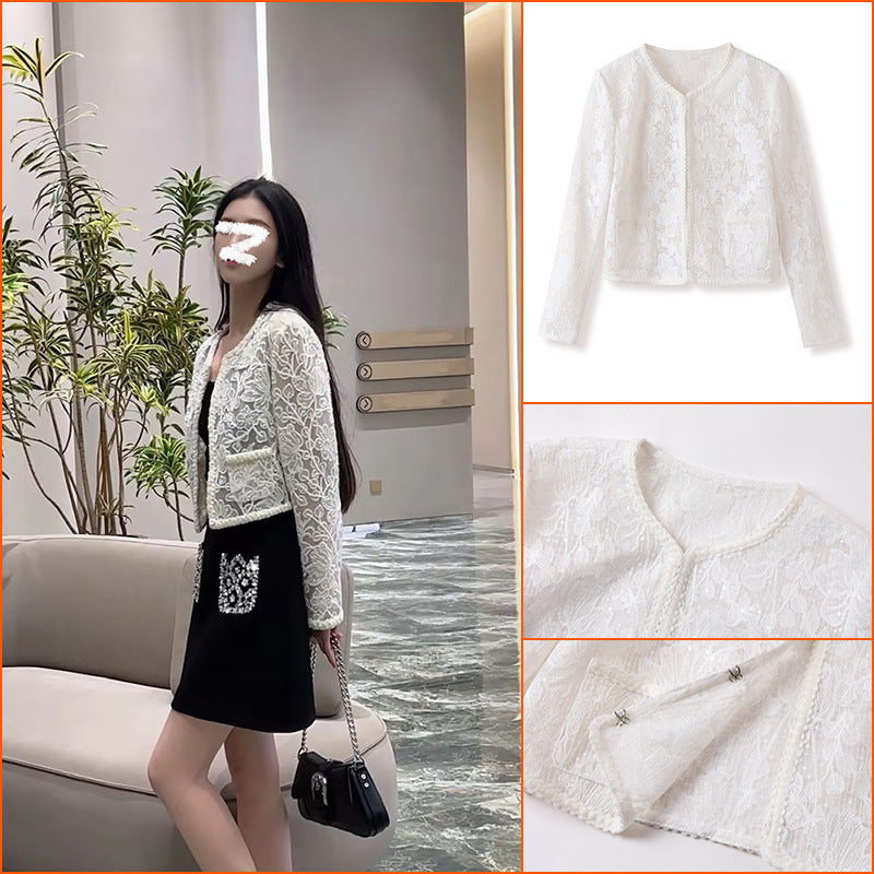 high-end niche gentle temperament socialite style lace embroidered short coat black beaded skirt M2012