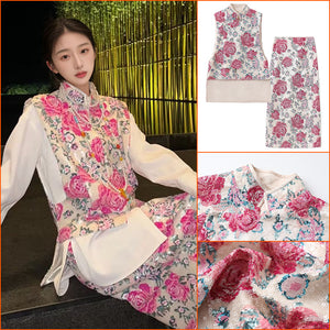 New Chinese style national style 2025 new unique embroidery design peony vest half-length dress set N1035