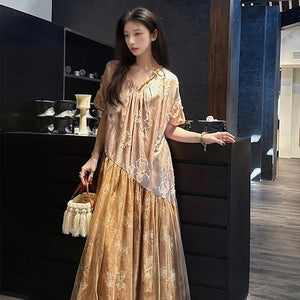 Summer 2025 new high-end national style cut flower diagonal dress femininity light luxury fashion dress N3104