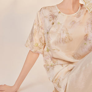 Light Chinese style national style new summer three-dimensional relief design sense buckle solid color mulberry silk short-sleeved t-shirt women's M6015