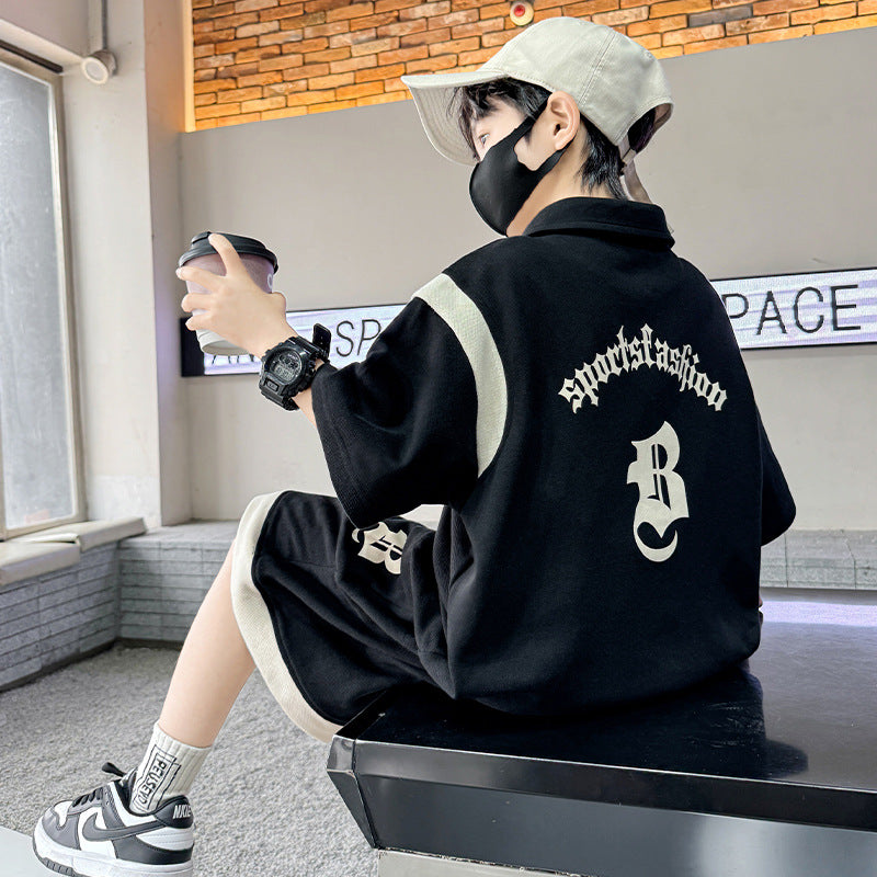 Boys Summer Suit New Children's Short-Sleeved Polo Shirt Two-Piece Set Medium and Big Children Summer Trendy Western Style Sports Sets