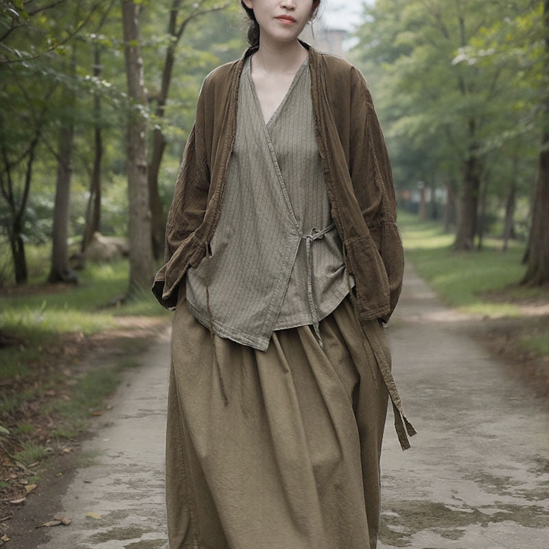 Shan Qian Nianyi, Spring and Autumn Texture Combed Cotton Skin-friendly Simple Cardigan Loose Versatile Buckle-Free Lace-Up Short Jacket