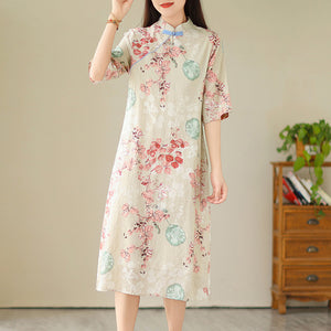 summer new temperament literary and retro printing national style diagonal placket temperament stand-up collar dress improved cheongsam skirt
