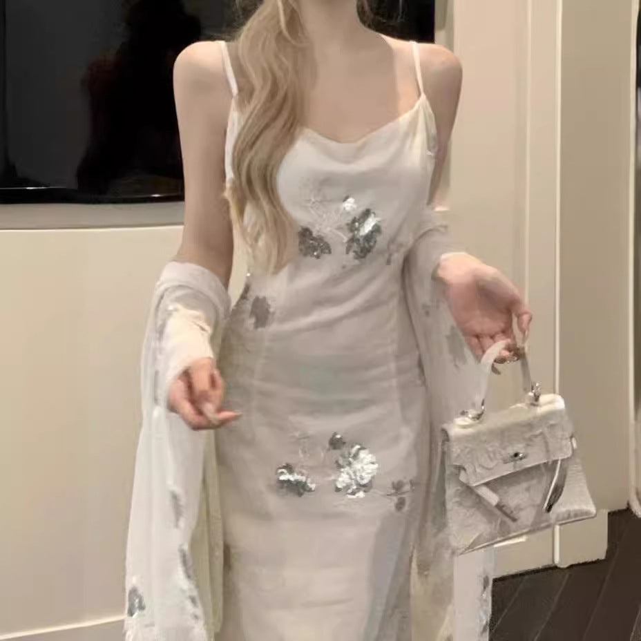 2025 popular  temperament New Chinese style cheongsam embroidered pleated suspender dress + sunscreen shawl two-piece set