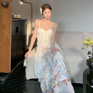 2025 New Chinese-style bustling streamer seaside vacation dress women's summer  pure desire wind sexy backless suspender dress