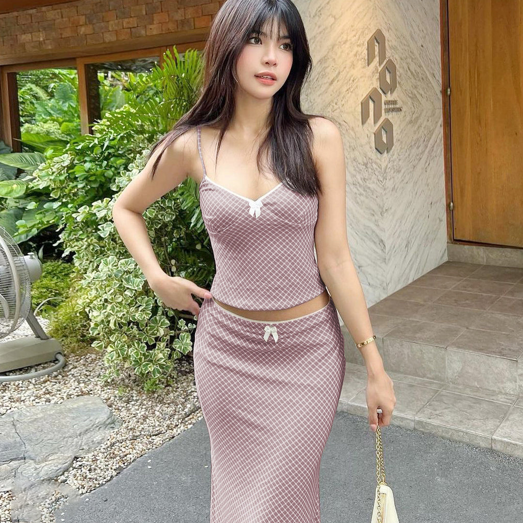 GOOSUDU 2025 women's clothing popular autumn sweet wind printing set, sexy exposed navel small suspender slim dress two-piece set for women