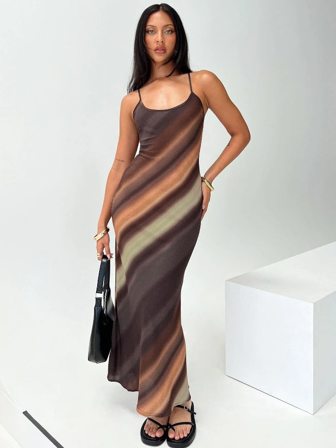 GOOSUDU New summer new 2025 style printing gradual change sexy slim knitted suspender skirt straight high elastic Spice Girl long dress