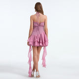 Purple Xiaoxiangfeng neck dress women's niche design sense sweet and gentle wind lace ruffle leaf edge vacation skirt