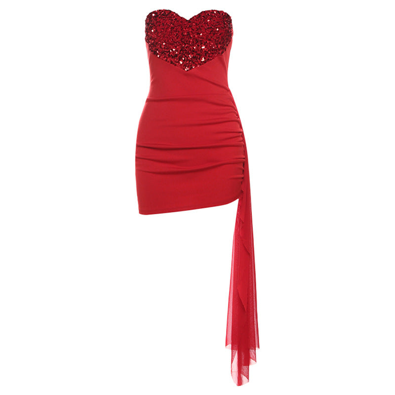 2025 style 2025 spring new women's clothing love sequined tube top waist hip wrap solid color short dress dress