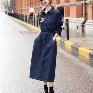 2025 Hong Kong-style retro shawl denim dress women's  autumn niche chic waist thin medium and long skirt